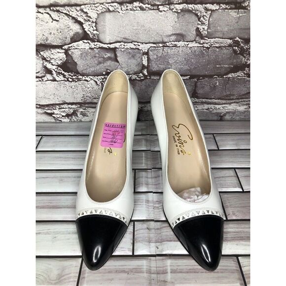 VTG David Evins White Leather Black Cap Toe Dress Heels Women’s Sz 7AA US/37.5EU - Picture 12 of 16